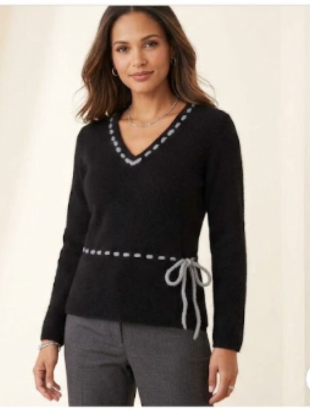 Krizia Italy Black Wool Angora Blend V-Neck Whipstitch Side Tie Sweater Large